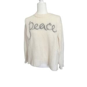 WOODEN SHIPS Open Knit White "Peace" Crew Neck Sweater in S/M